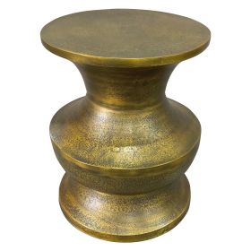 18 Inch Round Accent Side End Table, Turned Pedestal Base, Aluminum, Antique Gold Brass
