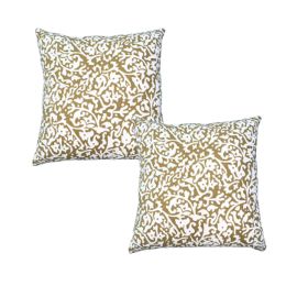 18 x 18 Handcrafted Cotton Square Accent Throw Pillow, Elegant Filigree Pattern, White and Gold