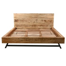 Bree Modern Rustic King Size Platform Bed, Brown Acacia & Mango Wood Frame, Angled Black Iron Legs