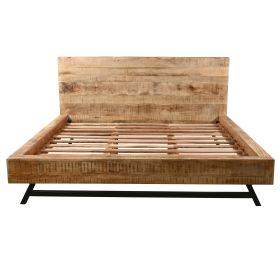 Bree Modern Rustic Queen Size Platform Bed, Brown Acacia & Mango Wood Frame, Black Iron Angled Legs