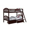 Diana Modern Wood Twin Bunk Bed, 2 Drawers, Slatted Arch Headboard, Brown