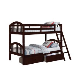 Diana Modern Wood Twin Bunk Bed, 2 Drawers, Slatted Arch Headboard, Brown (Color: brown)