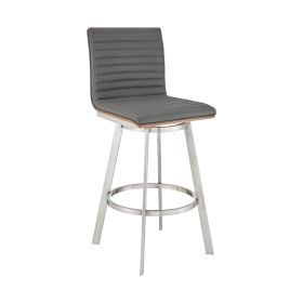 Aron 30 Inch Bar Height Swivel Stool, Vegan Faux Leather, Gray, Chrome (Color: Gray and Brushed Stainless Steel)