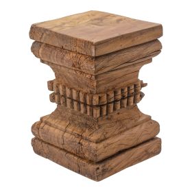 20 Inch Accent Table, Rustic Pillar Pedestal with Scrolled Carvings, Brown (Color: brown)