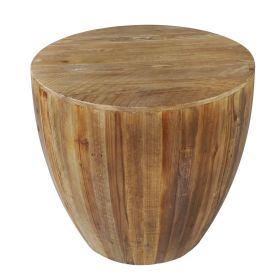 26 Inch Side End Table, Recycled Fir Wood, Round Drum Shape, Walnut Brown (Color: brown)