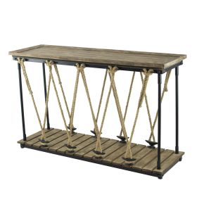 52 Inch Console Table, Rustic Plank Top with Crossed Rope Design, Brown (Color: brown)
