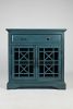 Craftsman Series 32 Inch Wooden Accent Cabinet with Fretwork Glass Front, Blue