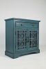 Craftsman Series 32 Inch Wooden Accent Cabinet with Fretwork Glass Front, Blue