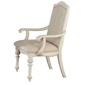 Rustic Wooden Arm Chair with Intricate Carvings, Set of 2, Antique White (Color: White)