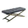 Cid 47 Inch Modern Velvet Bench, Padded Seat, Metal, Gray, Antique Brass