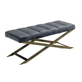 Cid 47 Inch Modern Velvet Bench, Padded Seat, Metal, Gray, Antique Brass (Color: Brass and Gray)
