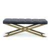 Cid 47 Inch Modern Velvet Bench, Padded Seat, Metal, Gray, Antique Brass