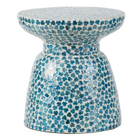 Ivy 16 Inch Round End Side Table, Bamboo Platform, Mosaic, Blue, White (Color: Blue, White)