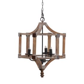 Zac 20 Inch Rustic 4 Light Chandelier, Fir Wood, Metal, Washed Brown, Black (Color: Brown, Black)