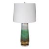30 Inch Accent Table Lamp, Linen Drum Shade, Glass Frame, White and Green