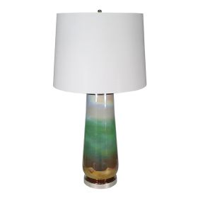 30 Inch Accent Table Lamp, Linen Drum Shade, Glass Frame, White and Green (Color: White, Green)