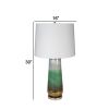30 Inch Accent Table Lamp, Linen Drum Shade, Glass Frame, White and Green